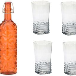 Bottle & 4 Glass Serving Lemon Set, Orange, Clear, Glass - A539 Jug Bottle Glass Set-image-86