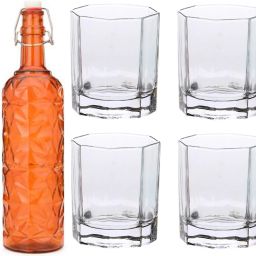 Bottle & 4 Glass Serving Lemon Set, Orange, Clear, Glass - A538 Jug Bottle Glass Set-image-13