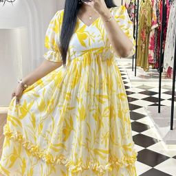 Women A-line Yellow, White Below Knee Dress-image-4