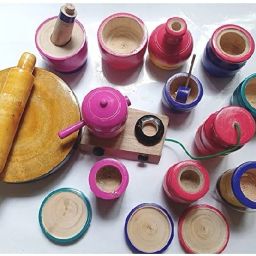 MAMUSHOP Chennapatna wooden kids kitchen set with chakla belan set -Multicolour-image-1