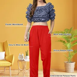 Women Relaxed Red Viscose Rayon Trousers-picture-10