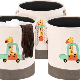 Cotton, Polyester Pack of 3 43 Ltr Clothes Basket with Handles | GM-8-BG | Giraffe- Grey & White Storage Basket-image-21