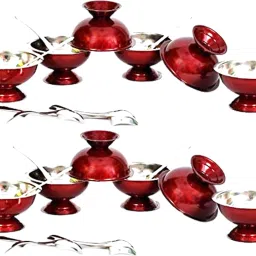 Set of 24 Maroon stainless steel ice cream cup and spoon set- 12 each Cup Serving Set-16