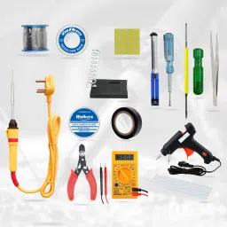 Basic Complete 14in1 Soldering Iron Machine Tool Kit Set | Wire Cutter | Stand | Solder Wire | Tweezer | Soldering Flux | Sponge | Tester| Desoldering Pump | Electric Tape | 2IN1 Screw Driver | Digital Multimeter | 20W Glue Gun | Desoldering Wick 25 W Simple-16