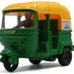 Medium size friction powered plastic auto rickshaw toy yellow and green for kids-3