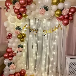 Solid Happy Birthday Decoration Kit, White Net Curtain with led light Balloon-18
