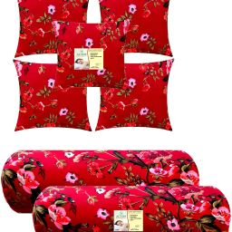 Combo Set Of 5 Cushion And 2 Microfibre Floral Bolster Pack of 7-image-64