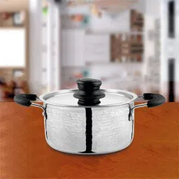 High Grade Stainless Steel Hammered Casserole with Glass Lid 16 cm, Silver Cook and Serve Casserole-image-3