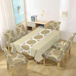 cortina Beige Solids 7 Pcs PVC & Spandex Table Cover With 6 Chair Cover-picture-32