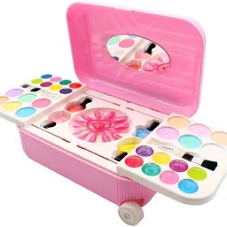2 in 1 Cosmetic Trolley Bag With Real Makeup Palette and Nail Art kit for Kids Pretend Play Toy for Girls ( Multicolour )-14