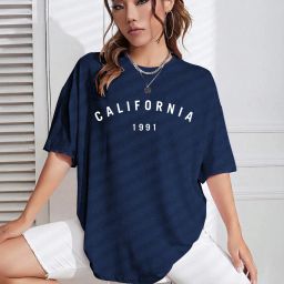 Women Printed Round Neck Pure Cotton Dark Blue T-Shirt-image-95