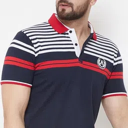 austin wood Men Striped Polo Neck Cotton Blend Blue T-Shirt-picture-22