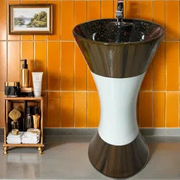 Pedestal Wash Basin – White And Brown– 32 Inch Height – Glossy Finish – pedestal basin/pedestal basin for dining hall/ Pedestal Basin-image-74