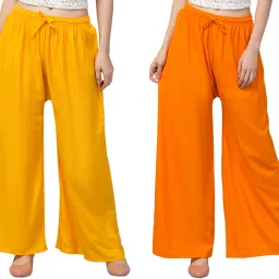 Pack of 2 Women Flared Yellow, Orange Viscose Rayon Trousers-picture-18
