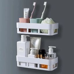2PC Bathroom Organizer Shempu Stand, Kitchan Wall mounted Shelves Plastic Wall Shelf-image-78