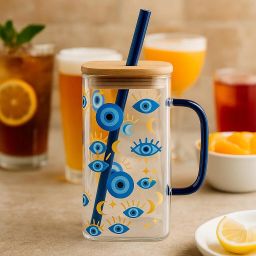 Trendy Drinking Cup for Cold Drinks Evil Eye Printed Glass Tumbler with Straw Glass Coffee Mug-picture-46