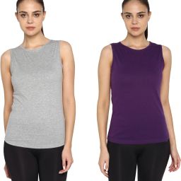 Pack of 2 Women Solid Round Neck Pure Cotton Purple, Grey T-Shirt-image-31