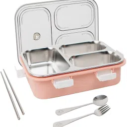 Lunch Box with 3 Steel Compartments and ltz28 Spoon | Leakproof Design 3 Containers Lunch Box-24