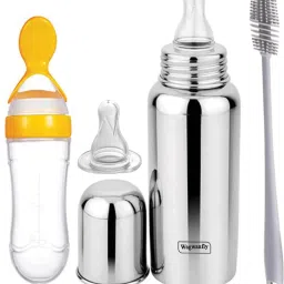 Stainless Steel New Born Baby Feeding Bottle for Milk Water With Spoon Feeder - 240 ml-5