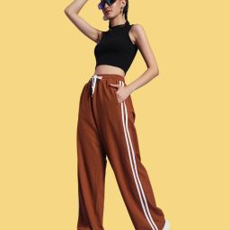 Women Striped Brown Track Pants-image-1