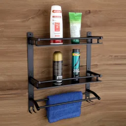 Stainless Steel Double Layer Shelf with Towel Road Shelf Organizer Black Towel Holder-image-75