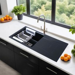 Quartz Black Single Bowl Kitchen Sink with Drainboard 36x18x9 Inches With Sink Coupling, Vegetable Basket & PVC Wastepipe Vessel Sink-image-48