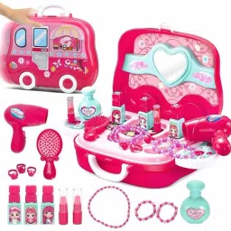Imported Makeup Accessories Girl's Beauty Kit 2 in 1 Toy Pretend Role Play Set with A Suitcase with wheels for Kids-19
