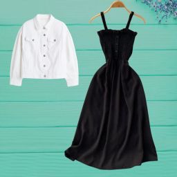 Women A-line White, Black Midi/Calf Length Dress-image-67