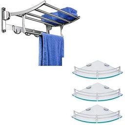 Stainless Steel 24-inch Folding Towel Rack with Bathroom Glass Shelf (Pack of 3) Silver & White Towel Holder-image-64