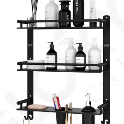 3 Layer Multipurpose Shelf/Rack with Dual Soap Dish/Toothbrush/Dispenser holder Black Towel Holder-image-43