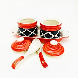 shadowgreen Ceramic Jar set 2 Jar with Lid 2 Spoon 1 Tray multipurpose Red Black Design Container Serving Set image 3