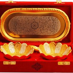 Silver Plated Gold Polished Lotus Design 2 Bowl with 2 Spoon & 1 Tray Bowl Spoon Tray Serving Set-6