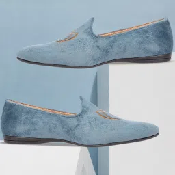 oMen Blue Beige Embroidered Handcrafted Slip-Ons Loafers For Men-image-4