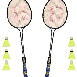 Double Shaft Iron Body Badminton Racket Pack Of 2 Piece With 6 Piece Plastic Shuttles Badminton Kit-image-33