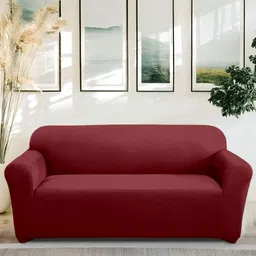 Cortina Maroon Solid Polyester 1 Piece Sofa Cover With Arms-image-52