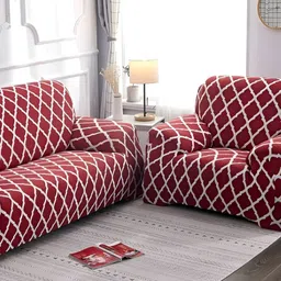 Stuff N' Fluff Maroon & White 3 Pieces Printed 5 Seater Sofa Cover With Arms-64