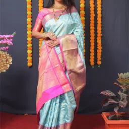 Royal Rajgharana Saree Ethnic Motifs Woven Design Zari Silk Cotton Kanjeevaram Saree-image-74
