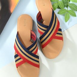 PANAHI Women Striped Cross Strap Open Toe Flats-7