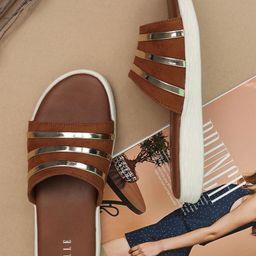ELLE Women Brown Striped Open Toe Flats with Bows-image-47