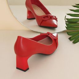 SHUZ TOUCH Women Red Embellished Block Pumps with Bows-image-26