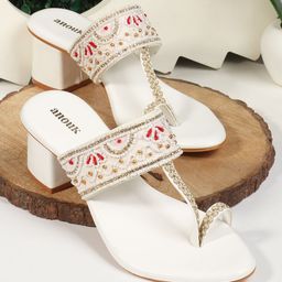 Anouk Women Embellished PU Mid-Top Block Sandals Heels with Bows-22