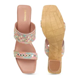 Anouk Peach-Coloured & Blue Embroidered Block Heels image 5