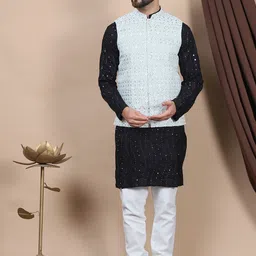 Anouk Embroidered Sequinned Pure Cotton Straight Kurta With Churidar & Nehru Jacket-14