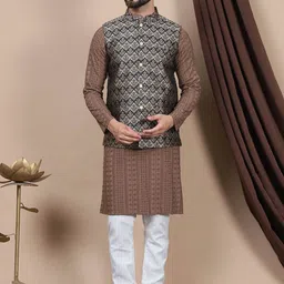 Anouk Embroidered Sequinned Pure Cotton Straight Kurta With Churidar & Nehru Jacket-15