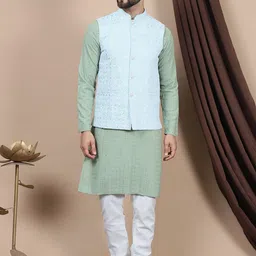 Anouk Blue Embroidered Straight Sequinned Pure Cotton Kurta with Churidar & Nehru Jacket-16