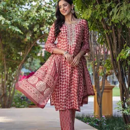 AHIKA Ethnic Motifs Printed Thread Work Straight Kurta & Trousers With Dupatta image 3