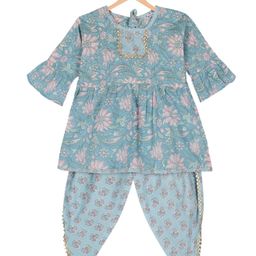 Ka-mee Girls Blue Floral Printed Pleated Pure Cotton Kurti with Dhoti Pants-image-28