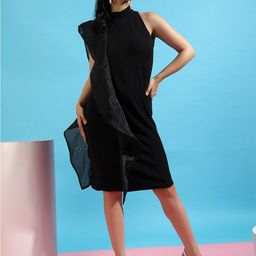 Campus Sutra Black Halter Neck Ruffles Sheath Dress-image-99