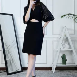 NEUDIS Embellished V-Neck Flared Sleeves Cut Out Detail Sheath Dress-image-52
