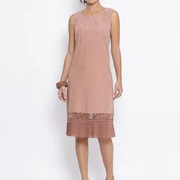 LELA Rust Leather Sheath Dress With Frill Hem-image-7